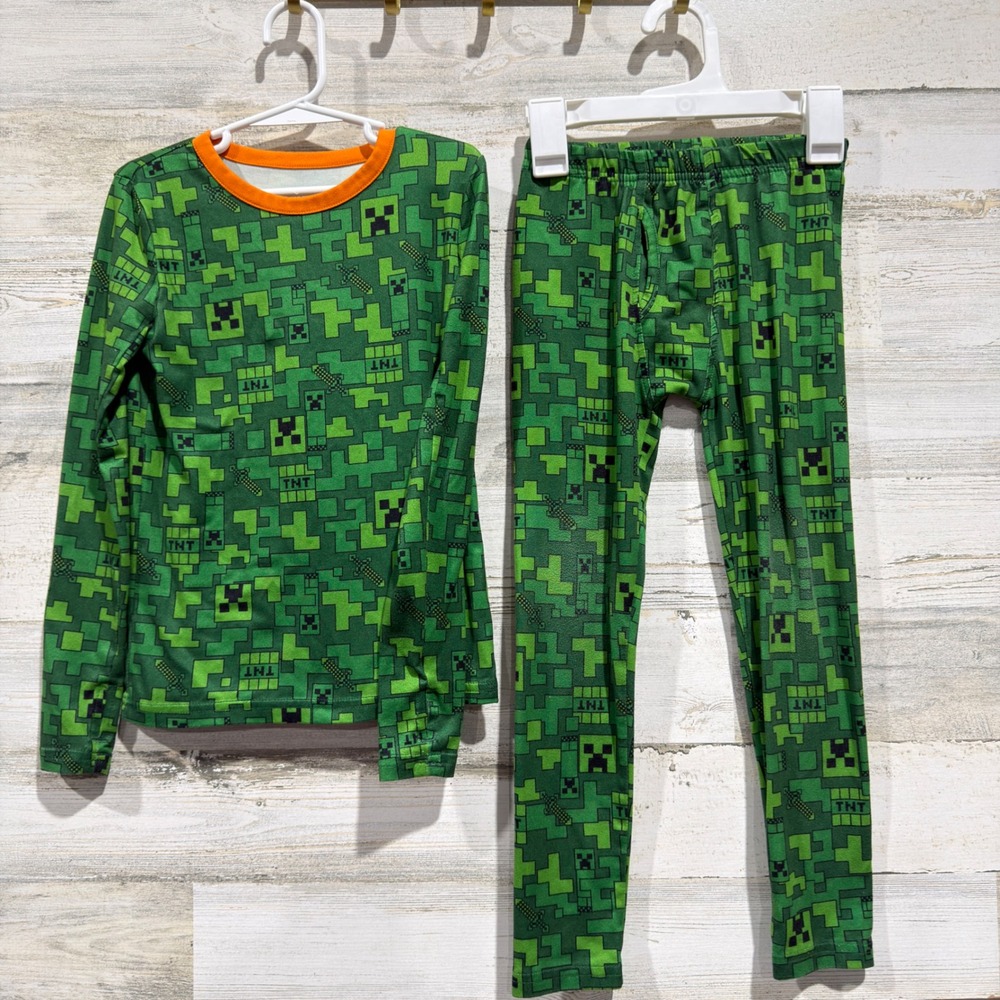 Minecraft Pajama Set Boys Small Green Creeper Pixel Thermal EUC